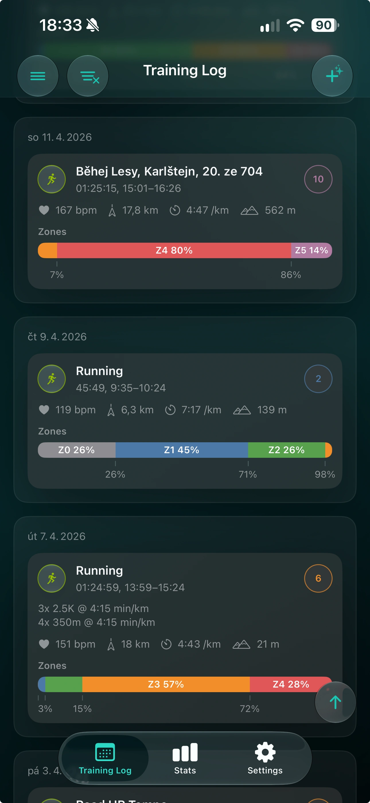 Running log with trail races, endurance sessions, pace, and heart-rate zones