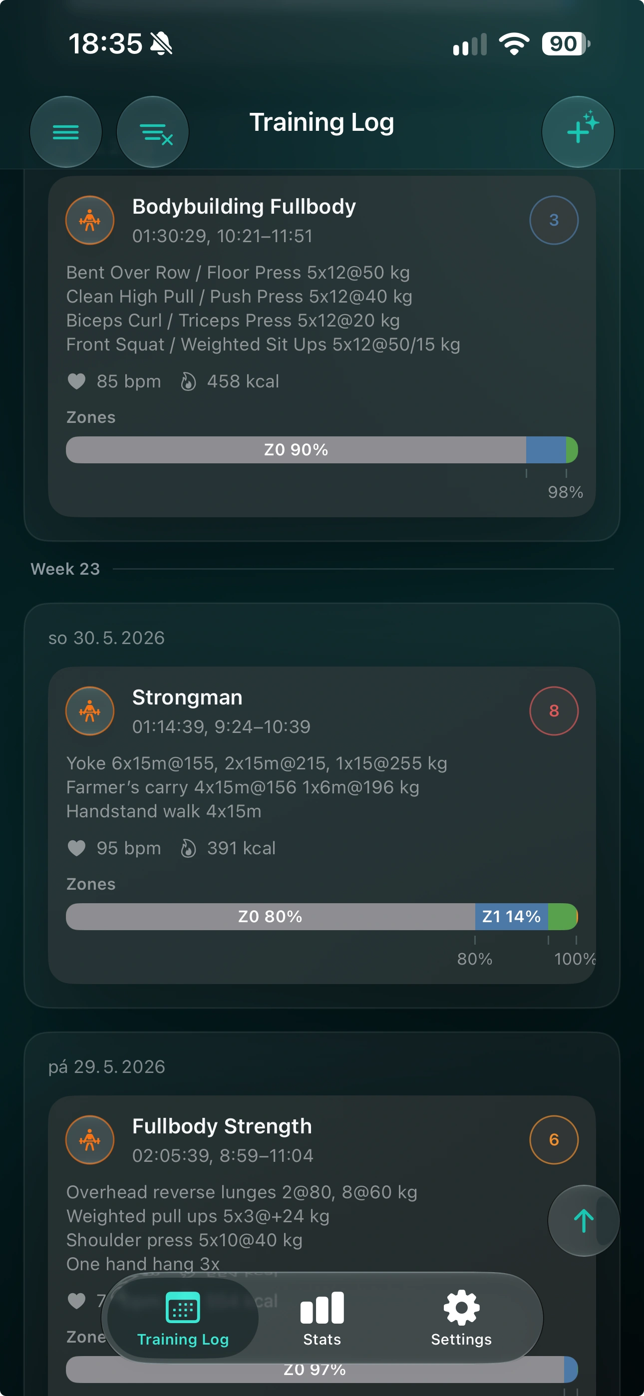 Strength log with bodybuilding, strongman, sets, reps, and training notes