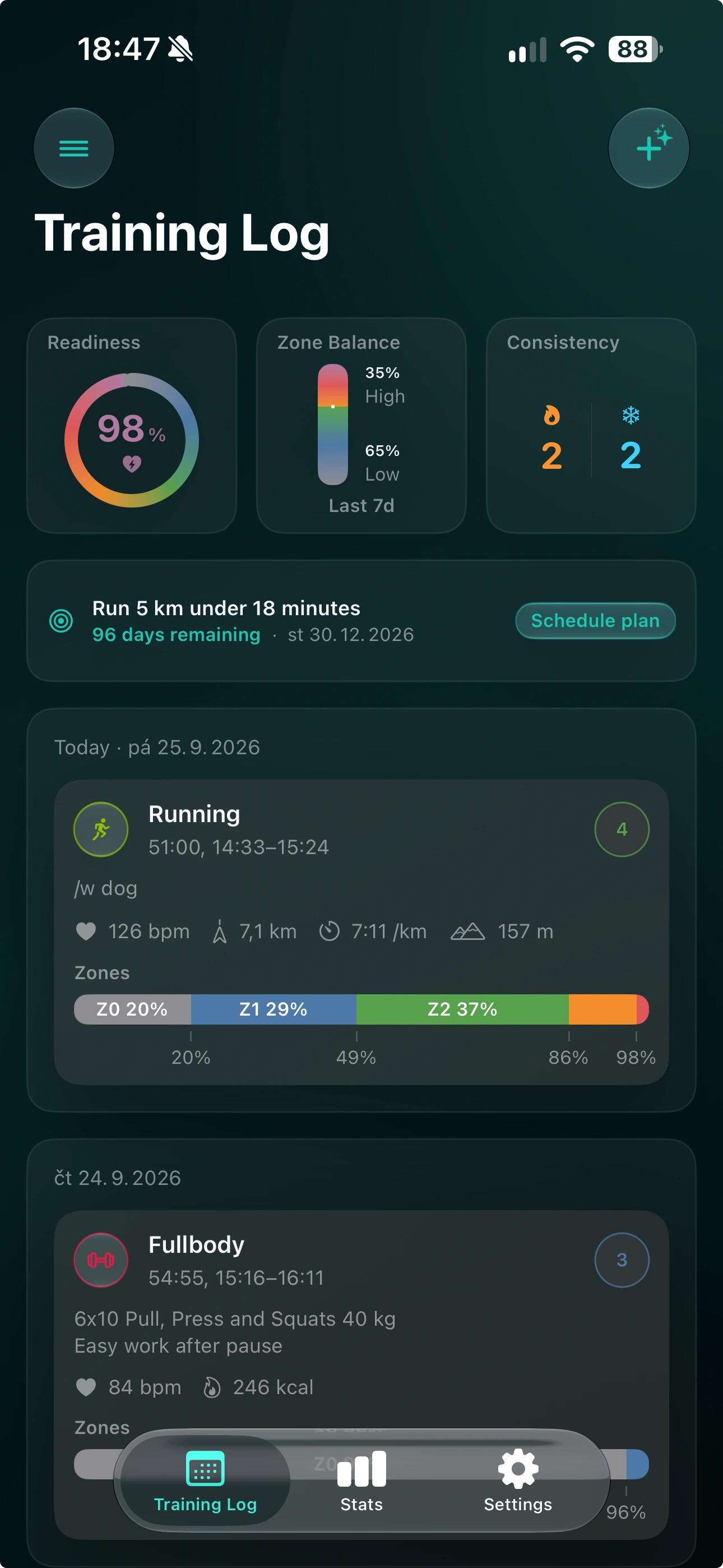 Training Log with readiness, zone balance, consistency, a running goal, and workout entries